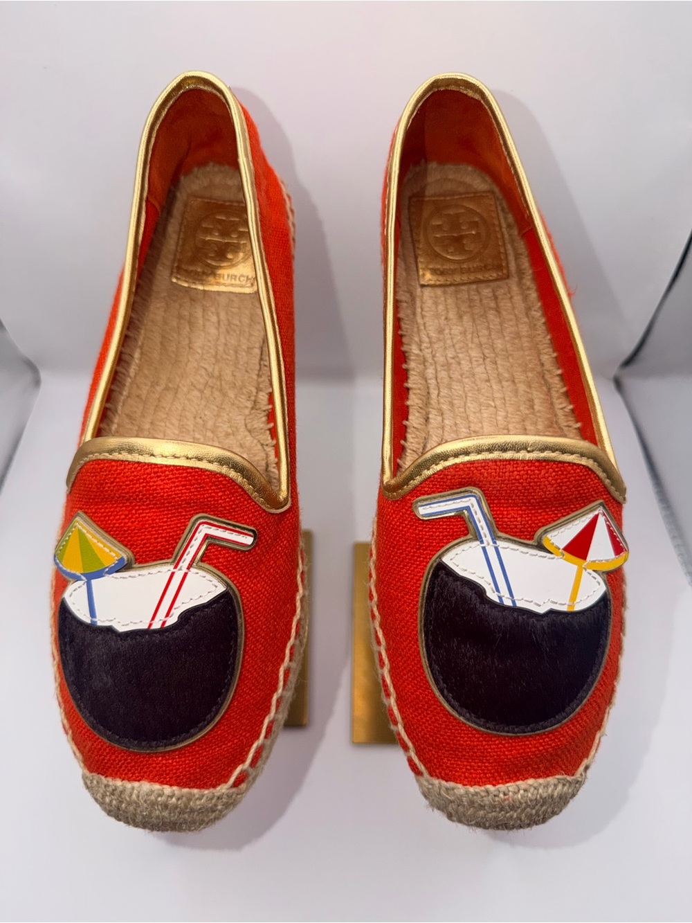 Tory Burch Orange Canvas Coconut Appliqué Espadrille Flats with Gold Trim